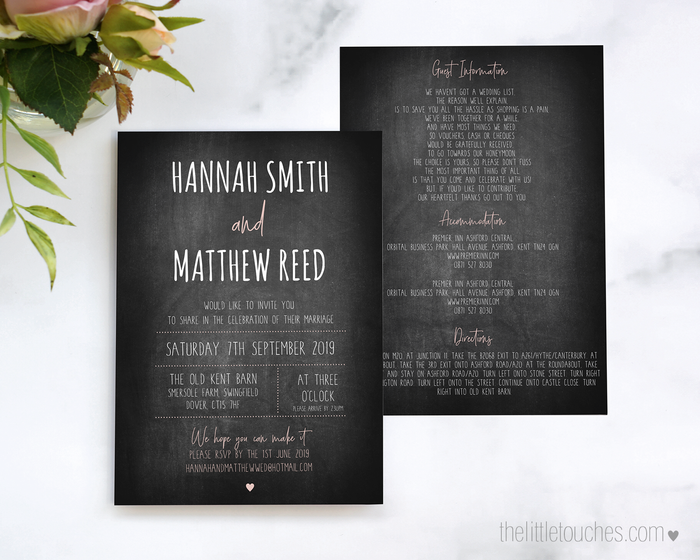 Chalkboard Printable Single Wedding Invitation
