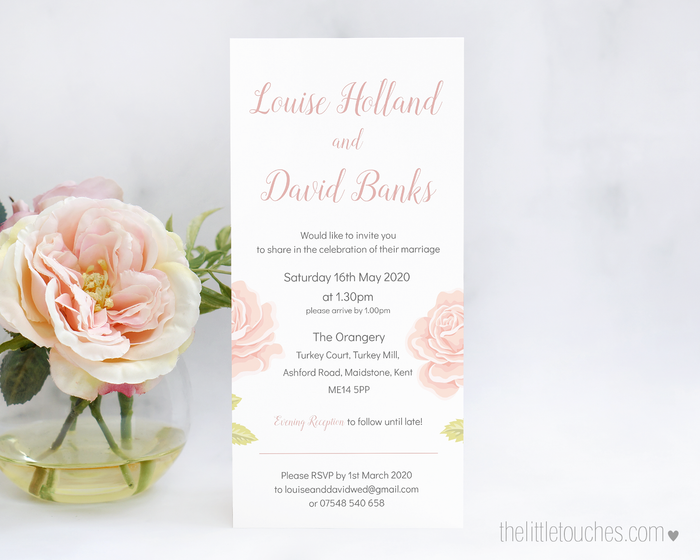 English Rose Printable Single Wedding Invitation