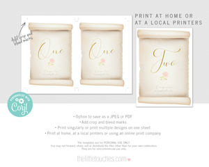 fairy tale scroll wedding table number template