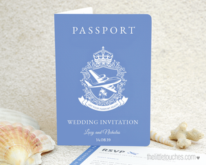 Destination wedding passport invitation template with boarding pass rsvp