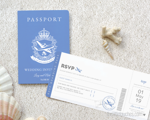 Destination wedding passport invitation template with boarding pass rsvp