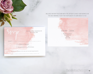 Blush pink watercolour wedding invitation rsvp card template