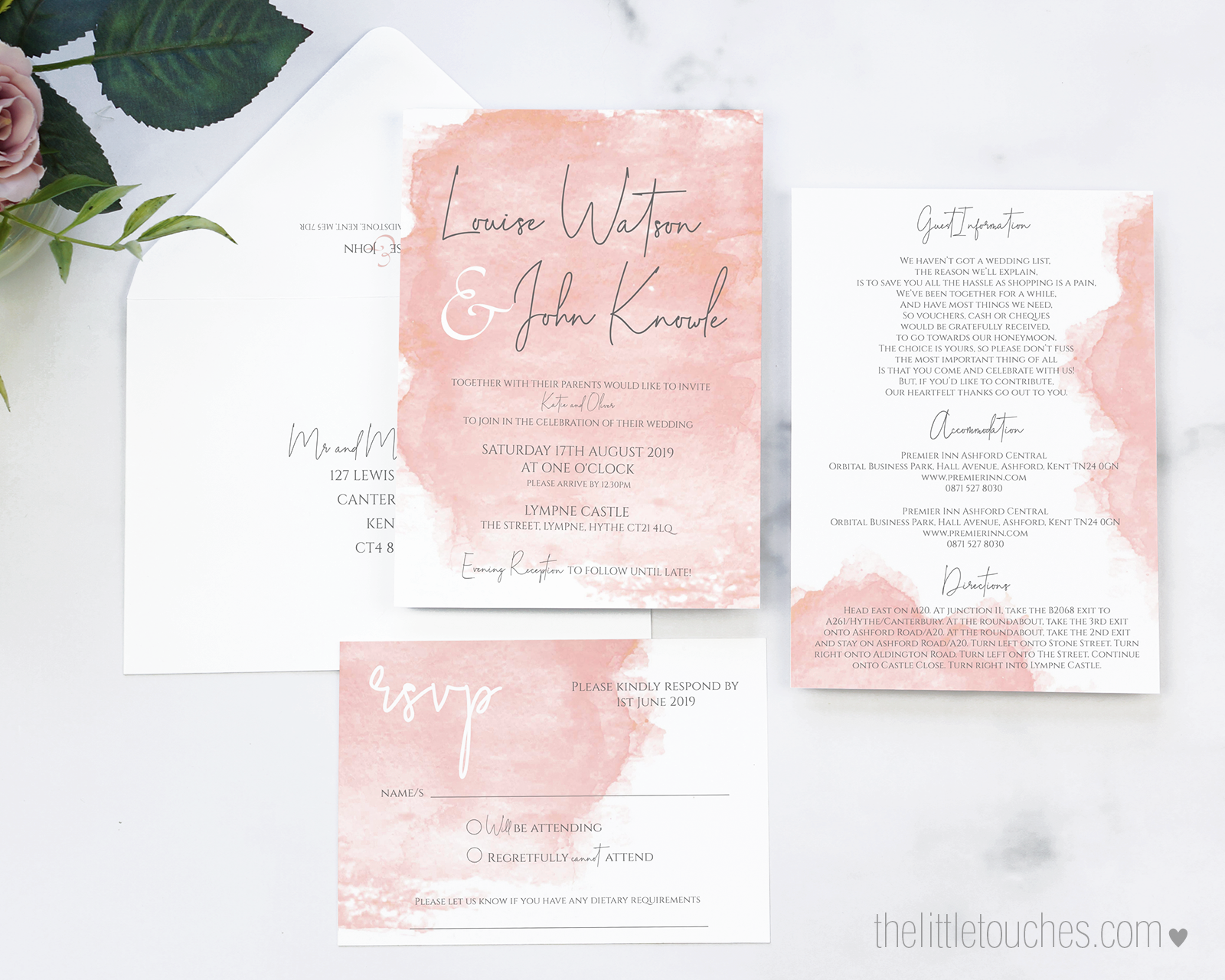 pink watercolour printable wedding invitation set