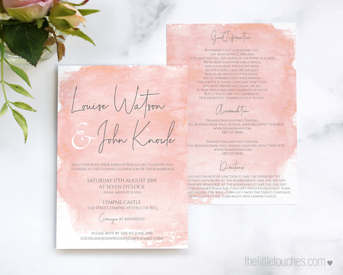 Pink Watercolour Printable Single Wedding Invitation