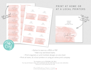blush pink watercolour wedding place setting printable templates