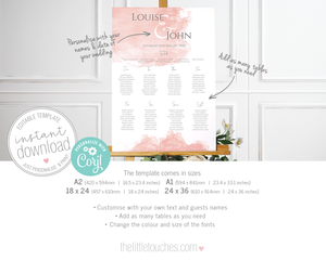 Blush Pink watercolour wedding table plan seating chart template