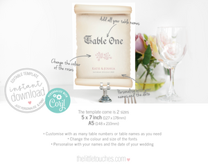Scroll Wedding Table Names / Number templates